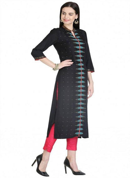 Black 3/4 Sleeve Printed kurta - wforwoman