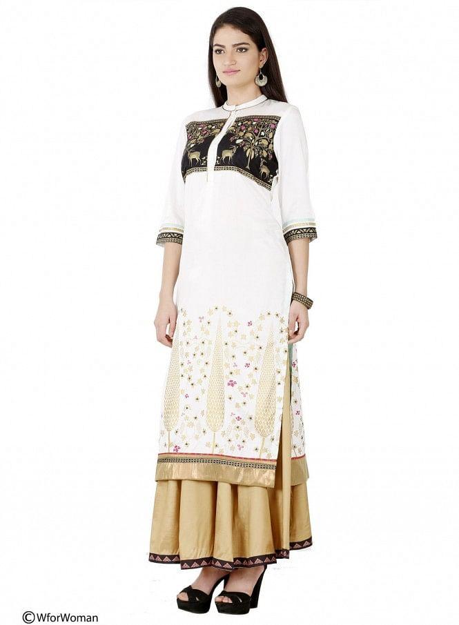 White Printed 3/4 Sleeve kurta - wforwoman