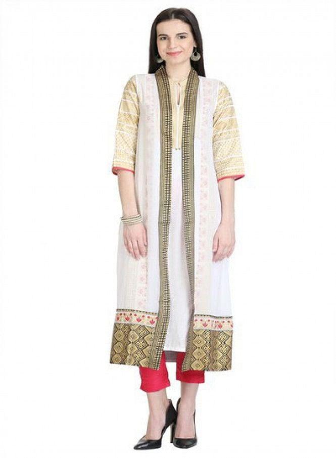 White 3/4 Sleeve Printed kurta - wforwoman