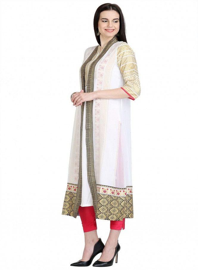 White 3/4 Sleeve Printed kurta - wforwoman