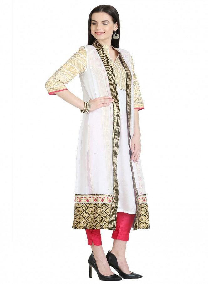 White 3/4 Sleeve Printed kurta - wforwoman