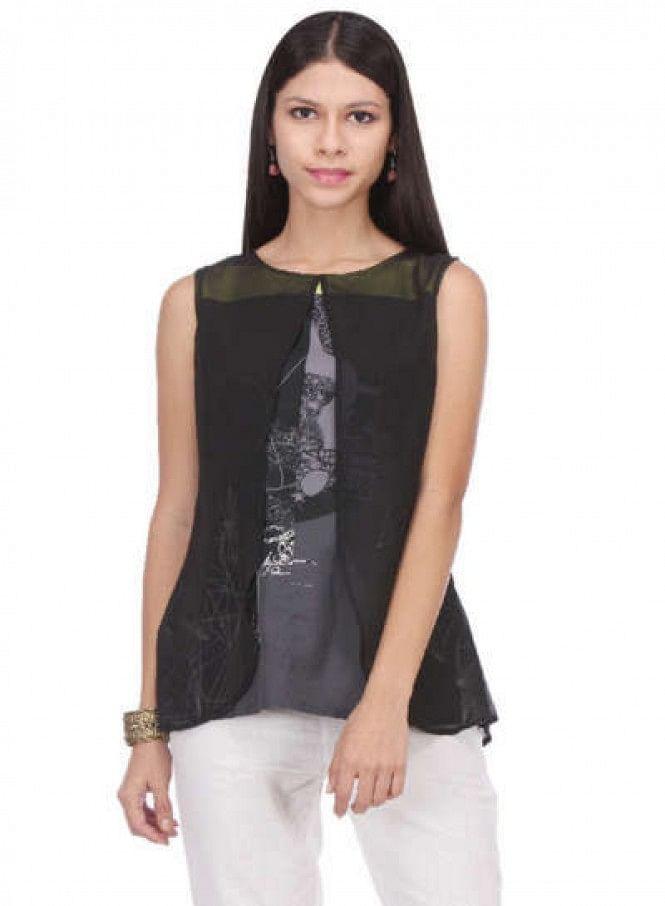 Black Printed Sleeveless Top - wforwoman