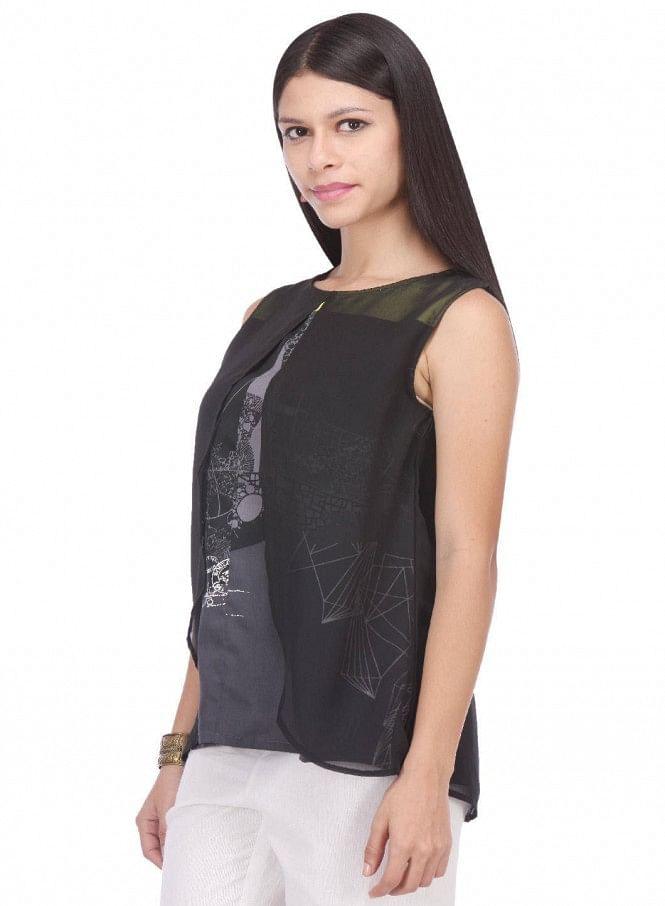 Black Printed Sleeveless Top - wforwoman