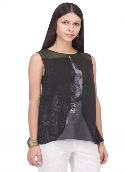 Black Printed Sleeveless Top - wforwoman