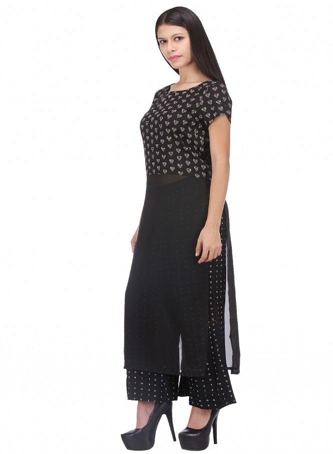 Black Printed Short Sleeve kurta - wforwoman