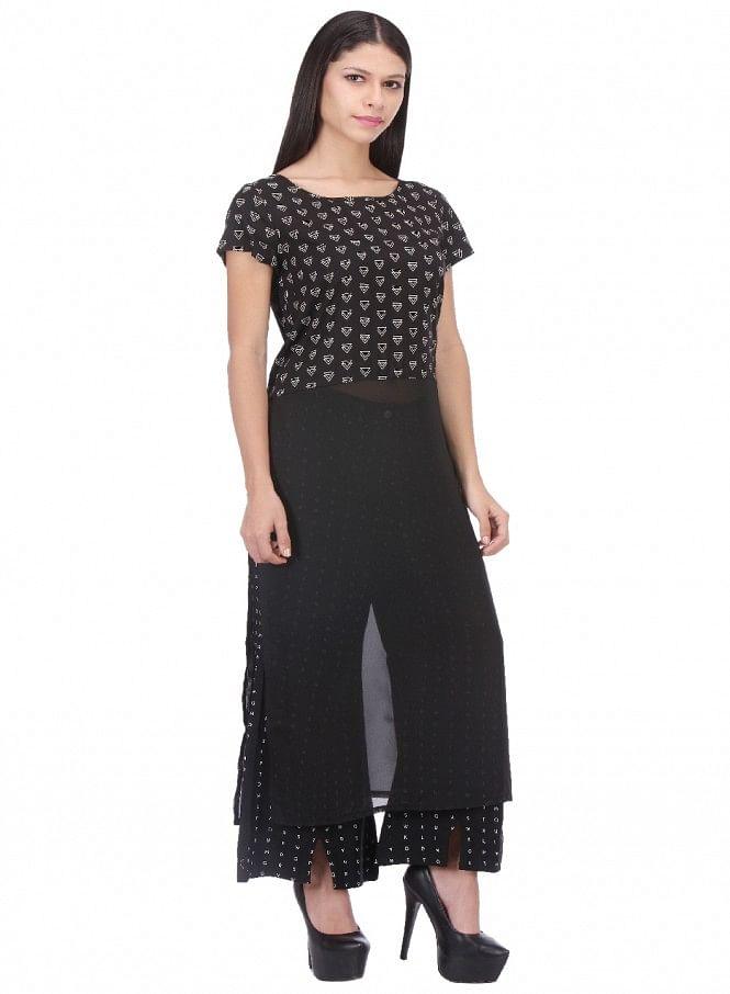 Black Printed Short Sleeve kurta - wforwoman