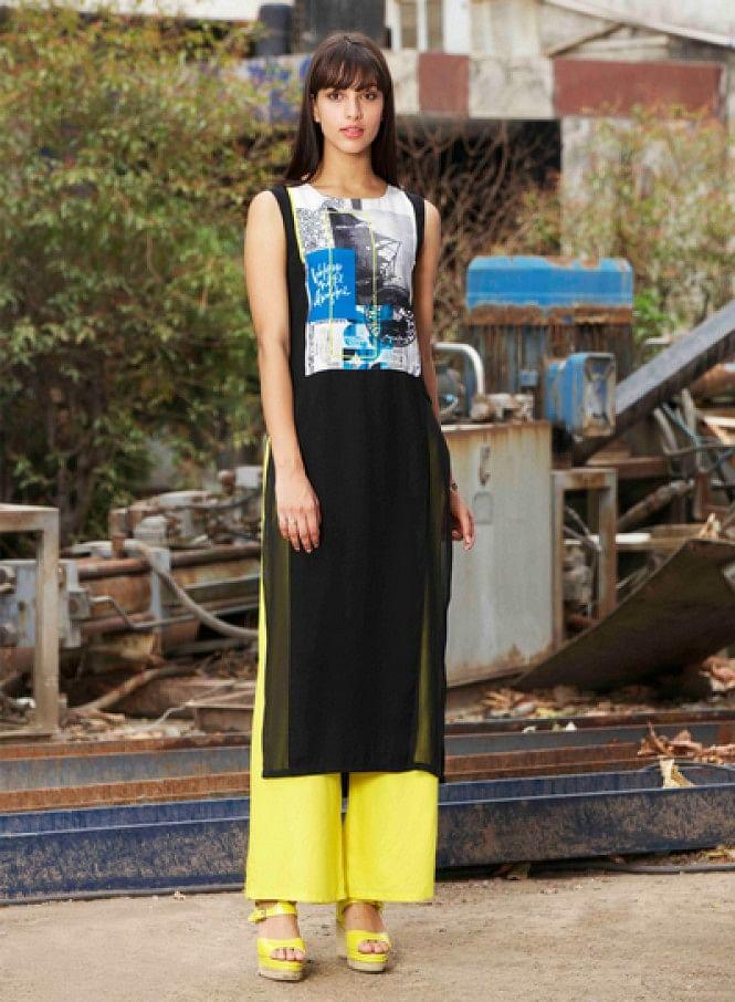 Black Printed Sleeveless kurta - wforwoman