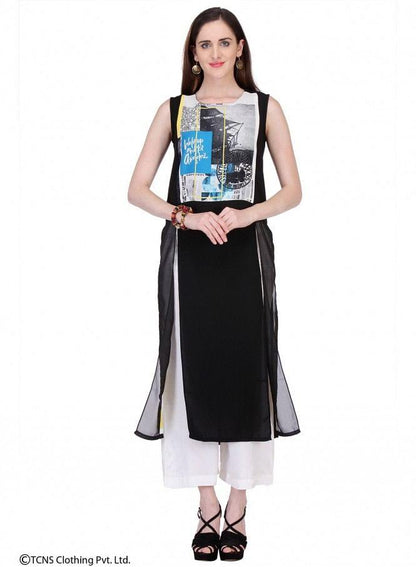 Black Printed Sleeveless kurta - wforwoman