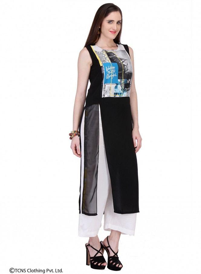 Black Printed Sleeveless kurta - wforwoman