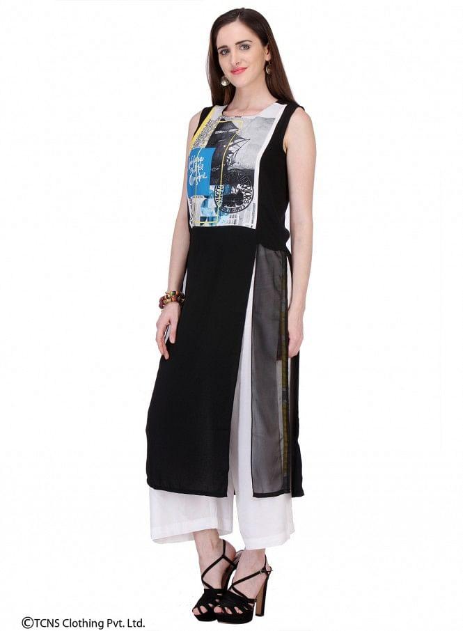 Black Printed Sleeveless kurta - wforwoman