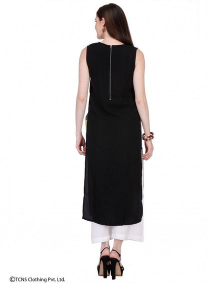 Black Printed Sleeveless kurta - wforwoman