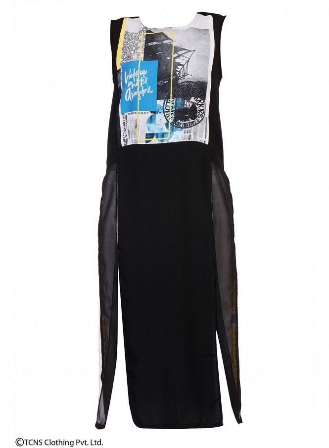 Black Printed Sleeveless kurta - wforwoman