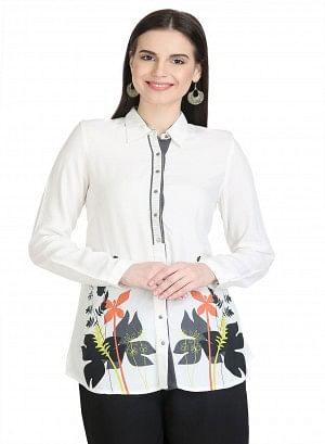 White Full Sleeve Printed Top - wforwoman