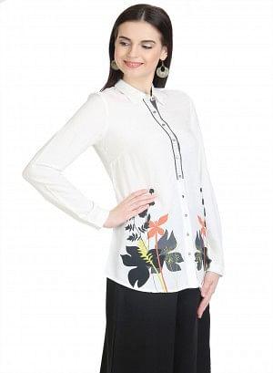 White Full Sleeve Printed Top - wforwoman