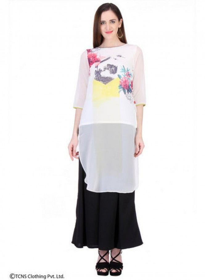 White Printed 3/4 Sleeve kurta - wforwoman