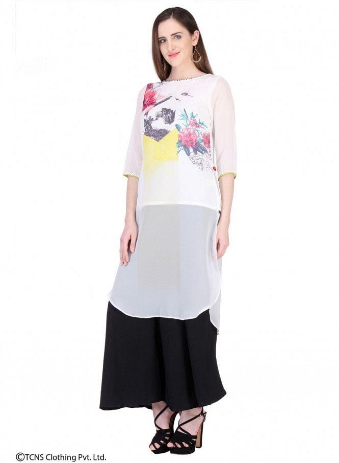 White Printed 3/4 Sleeve kurta - wforwoman