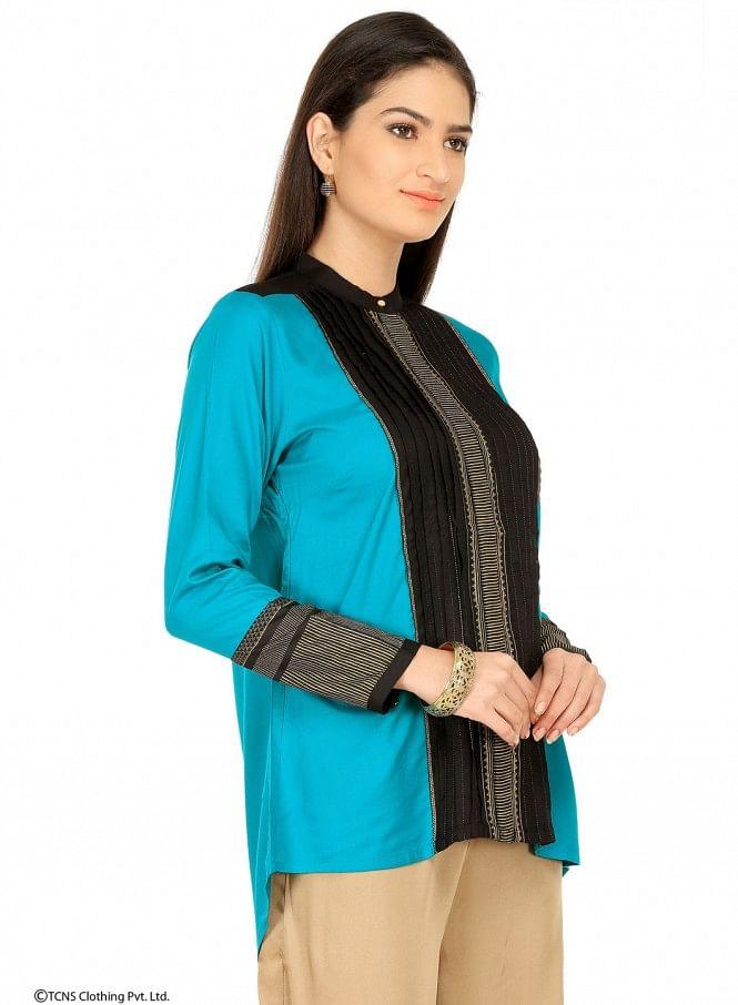 Blue Printed Full Sleeve Top - wforwoman