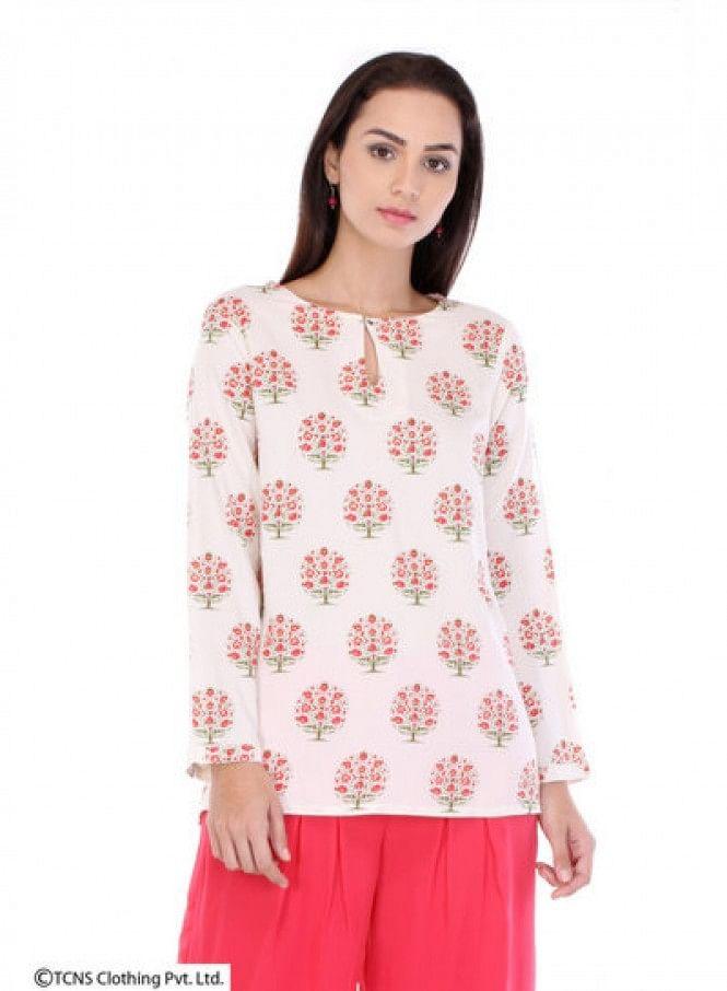 White Printed Full Sleeve Top - wforwoman