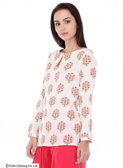 White Printed Full Sleeve Top - wforwoman