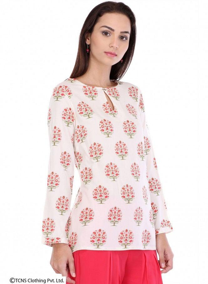 White Printed Full Sleeve Top - wforwoman