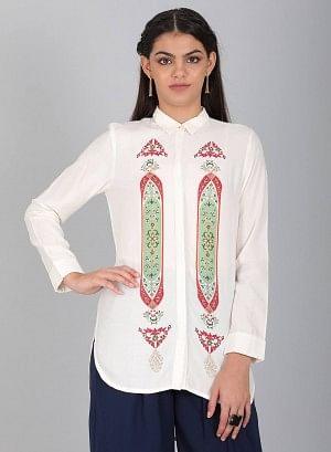 White Printed Collar Neck Top - wforwoman