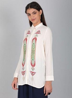 White Printed Collar Neck Top - wforwoman