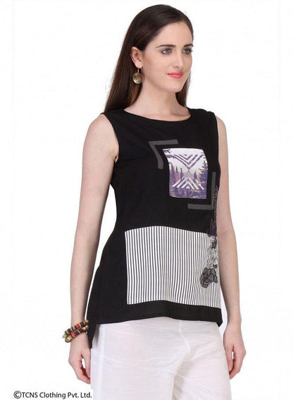 Black Printed Sleeveless Top - wforwoman