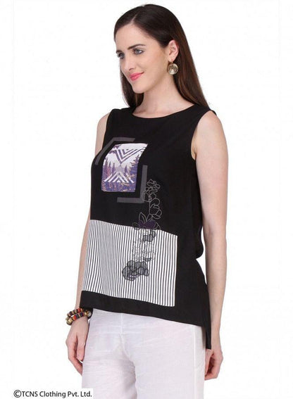 Black Printed Sleeveless Top - wforwoman