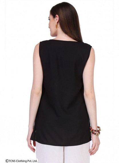 Black Printed Sleeveless Top - wforwoman