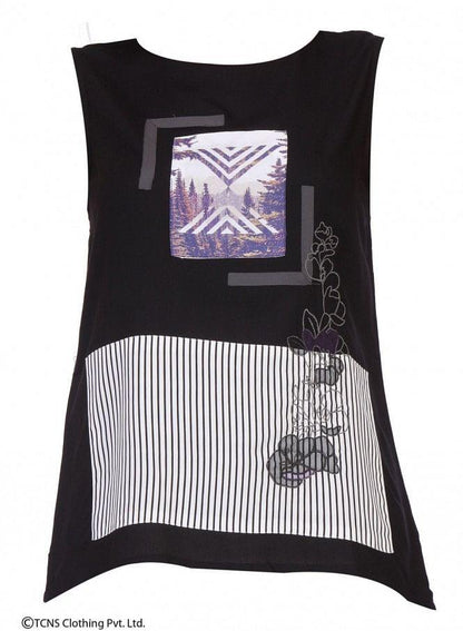 Black Printed Sleeveless Top - wforwoman