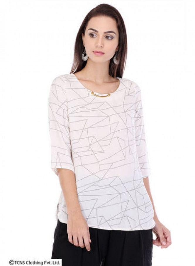 White Printed 3/4 Sleeve Top - wforwoman