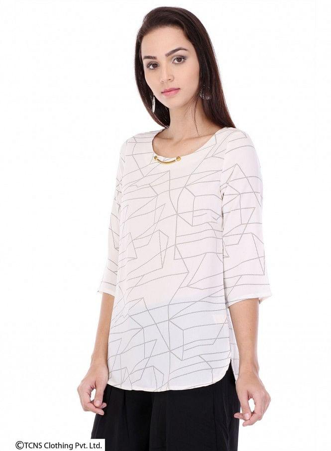 White Printed 3/4 Sleeve Top - wforwoman