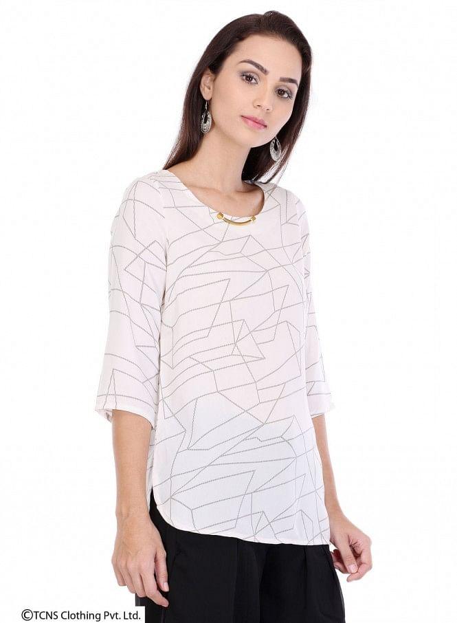 White Printed 3/4 Sleeve Top - wforwoman