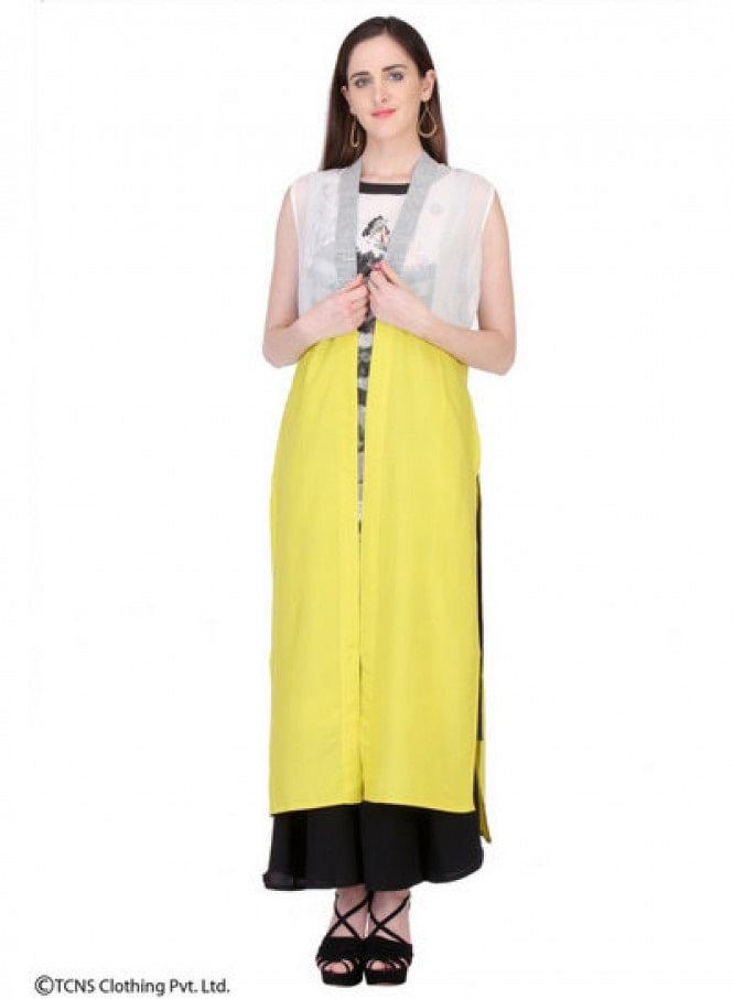 Yellow Printed Sleeveless Gillet - wforwoman