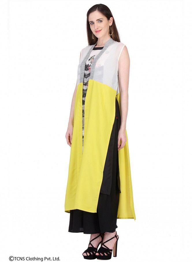 Yellow Printed Sleeveless Gillet - wforwoman