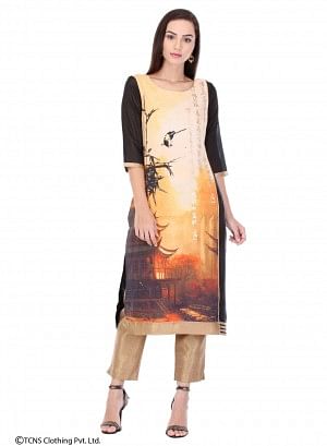 Yellow Printed 3/4 Sleeve kurta