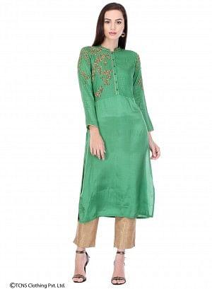 Green Embellished Full Sleeve kurta - wforwoman