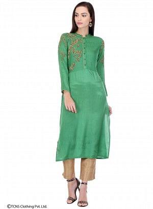 Green Embellished Full Sleeve kurta - wforwoman