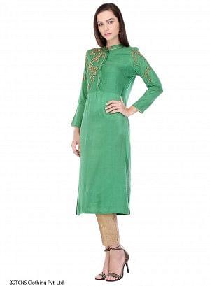 Green Embellished Full Sleeve kurta - wforwoman