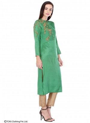 Green Embellished Full Sleeve kurta - wforwoman