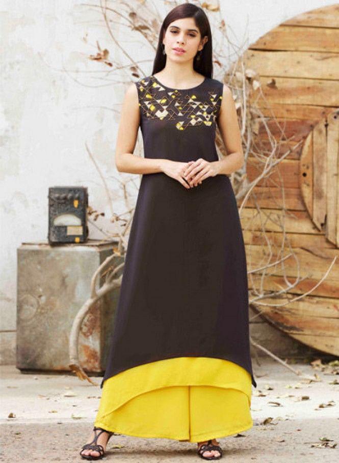 Black Printed Sleeveless kurta - wforwoman