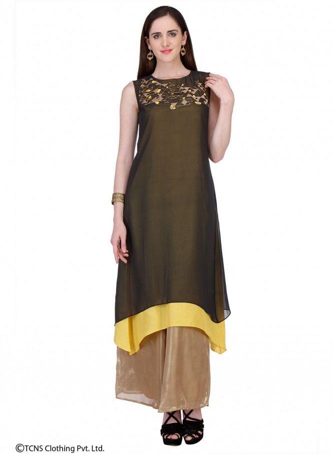 Black Printed Sleeveless kurta - wforwoman