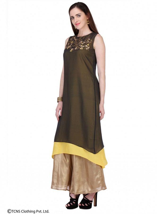 Black Printed Sleeveless kurta - wforwoman