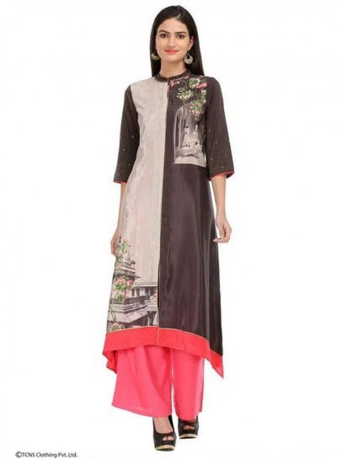 Grey Printed 3/4 Sleeve kurta - wforwoman