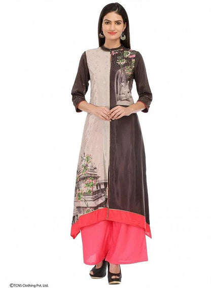 Grey Printed 3/4 Sleeve kurta - wforwoman