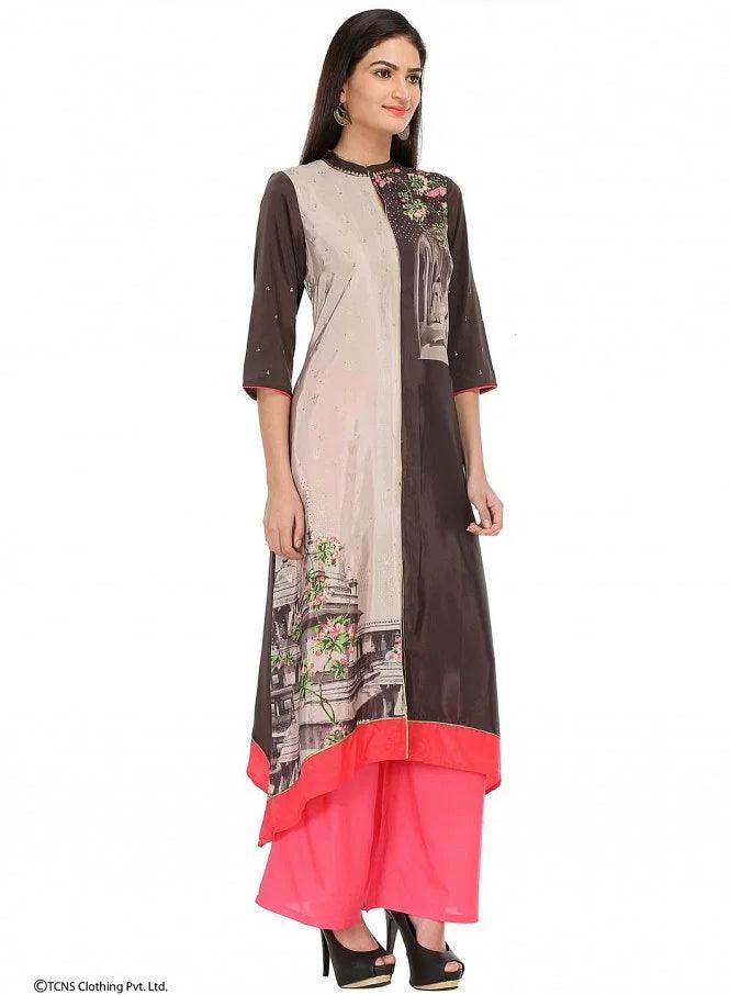 Grey Printed 3/4 Sleeve kurta - wforwoman