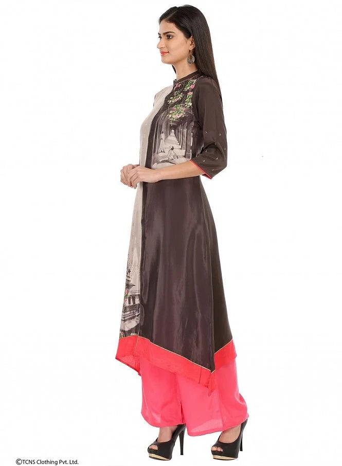 Grey Printed 3/4 Sleeve kurta - wforwoman