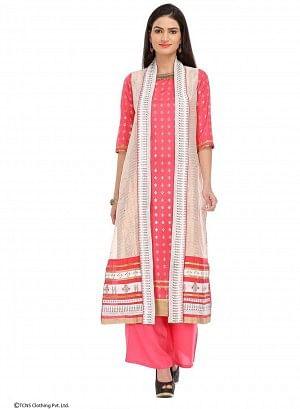 Pink Printed 3/4 Sleeve kurta With Sleeveless Gillet - wforwoman