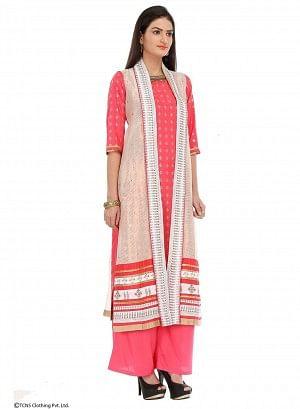 Pink Printed 3/4 Sleeve kurta With Sleeveless Gillet - wforwoman