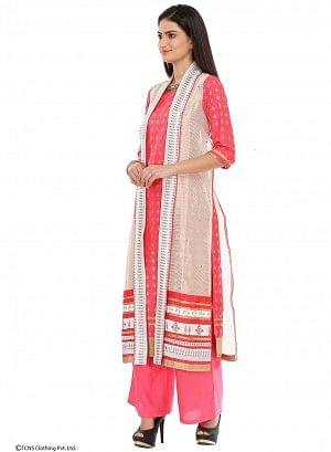 Pink Printed 3/4 Sleeve kurta With Sleeveless Gillet - wforwoman